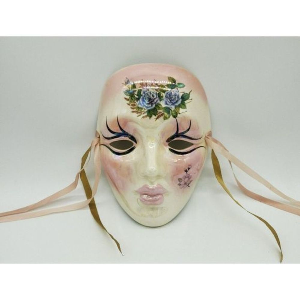 Porcelain Pottery Glazed Face Mask‎ Painted Woman Floral Pink Lips Wall Display